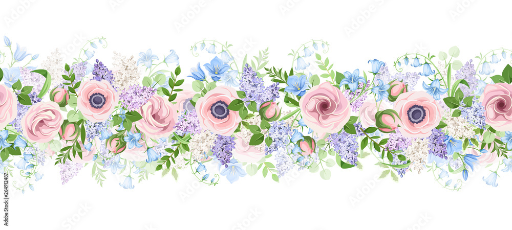 Vector horizontal seamless garland with pink, blue and purple flowers.