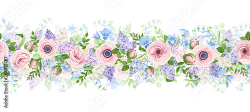 Vector horizontal seamless garland with pink, blue and purple flowers.