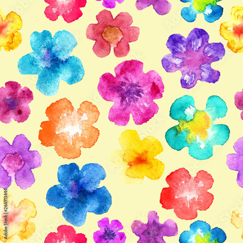 Watercolor seamless pattern many small multi-colored flowers on  light yellow background . Hand drawn illustration