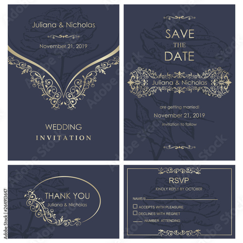 Wedding Invitation, with rsvp, save the date and thank you card baroque style blue and gold. Vintage  Pattern. Retro Victorian ornament. Frame with flowers elements. Vector illustration.