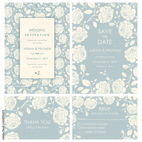 Wedding Invitation, with rsvp, save the date and thank you card baroque style blue and beige. Vintage  Pattern. Retro Victorian ornament. Frame with flowers elements. Vector illustration.
