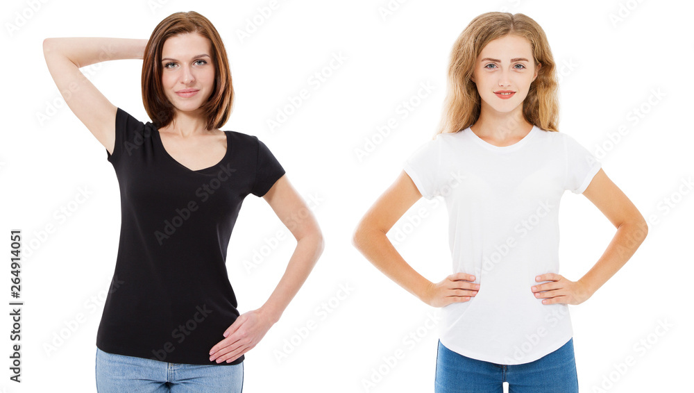 T-shirt design and people concept - close up of young two woman in shirt blank black and white tshirt isolated. Girl t shirt set mock up. T-shirt design and people concept - close up of young two woman in shirt blank black and white tshirt isolated. Girl t shirt set mock up.