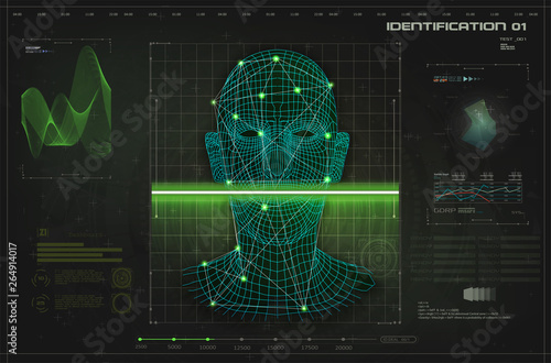 Concept of face scanning, radar screen searching. Futuristic biometric identification or recognition system of person. Face ID. Vector
