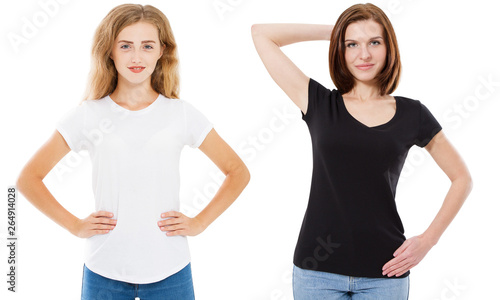 Woman in black and white t-shirt mock up, girl in tshirt isolated on white background, stylish tshirt - T-shirt design and people concept.