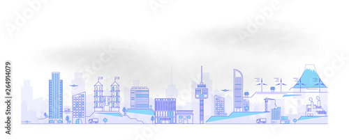 Smart city concept with different builds and elements. Skyscrapers skyline controlled and interconnected by modern digital technology.Thin line cityscape. Line modern urban big city panorama. Vector