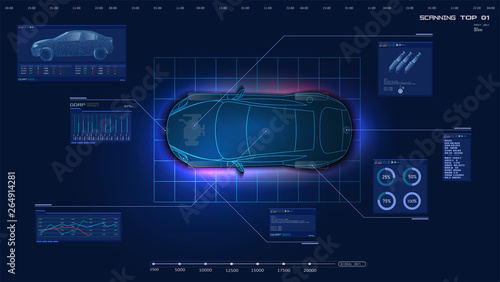 Top view of the car. Futuristic car service, scanning and auto data analysis. Car auto service, Modern design, diagnostic auto. Virtual graphical interface HUD GUI. Vector