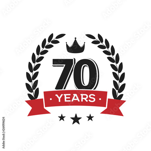 70 th birthday vintage logo template. Seventy years anniversary retro isolated vector emblem with red ribbon and laurel wreath on white background.