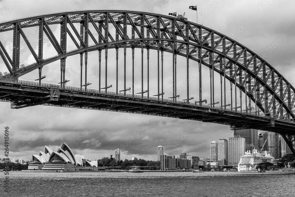 Black and white view of downtown Sydney seen from the amusement park area, New South Wales, Australia Black and white view of downtown Sydney seen from the amusement park area, New South Wales, Australia
