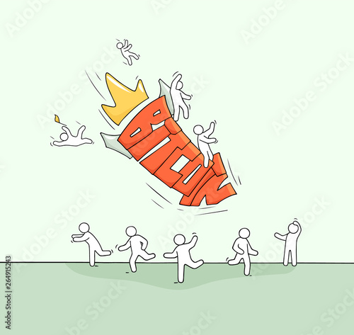 Sketch of little people and falling word Bitcoin.