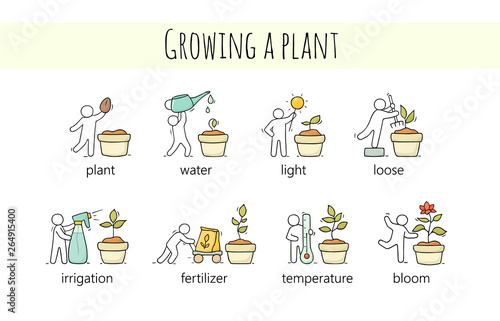 set of sketch little people growing plant.
