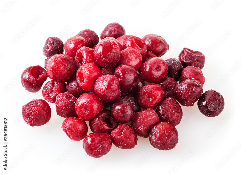 Heap of frozen cherry berries isolated on white background