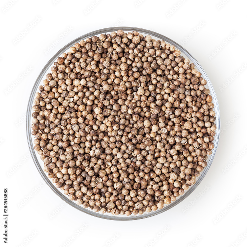 Dried coriander seeds in glass bowl isolated on white background with clipping path Dried coriander seeds in glass bowl isolated on white background with clipping path