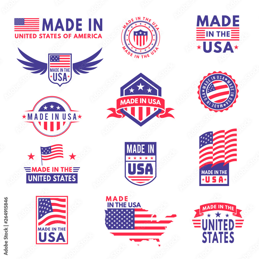 Made in usa. Flag made america american states flags product badge quality patriotic labels emblem star ribbon sticker, vector set Made in usa. Flag made america american states flags product badge quality patriotic labels emblem star ribbon sticker, vector set