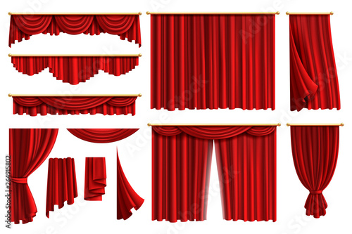 Red curtains. Set realistic luxury curtain cornice decor domestic fabric interior drapery textile lambrequin, vector illustration photo