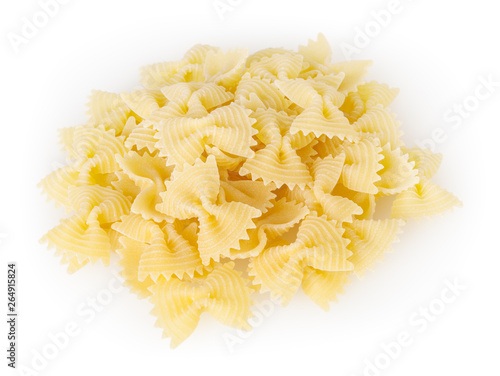 Heap of dried bow tie pasta isolated on white background with clipping path