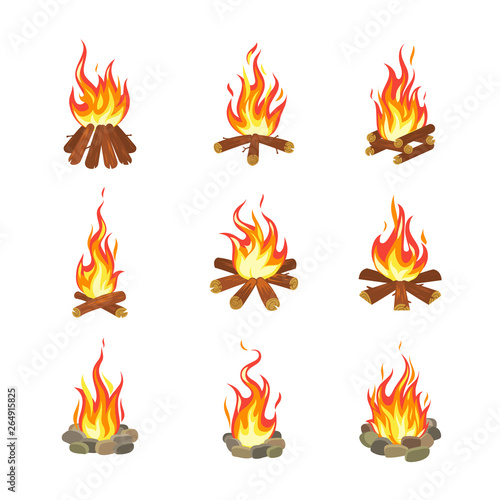 Cartoon bonfire. Tourist summer campfires flame, firewood torch fireplace burning stacked wood flat gaming design vector illustration