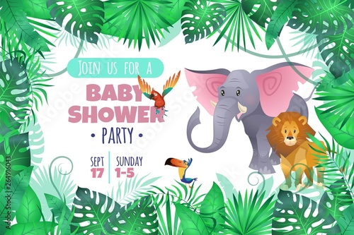 Fototapeta Naklejka Na Ścianę i Meble -  Tropical baby shower. Elephant lion in jungle, african young adorable wild animal and south palm tree leaves cartoon vector invitation