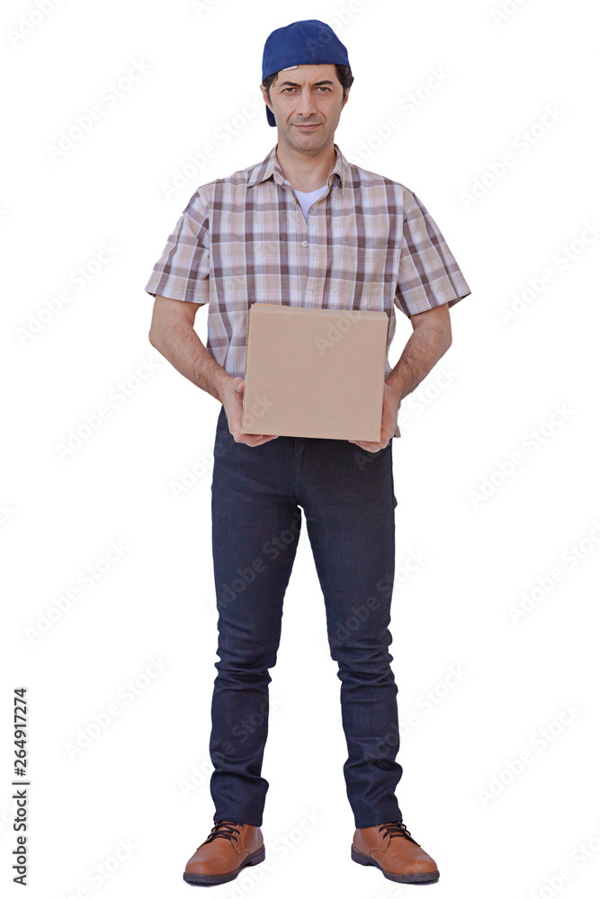 Asian young man holding box package, delivery man Asian young man holding box package, delivery man