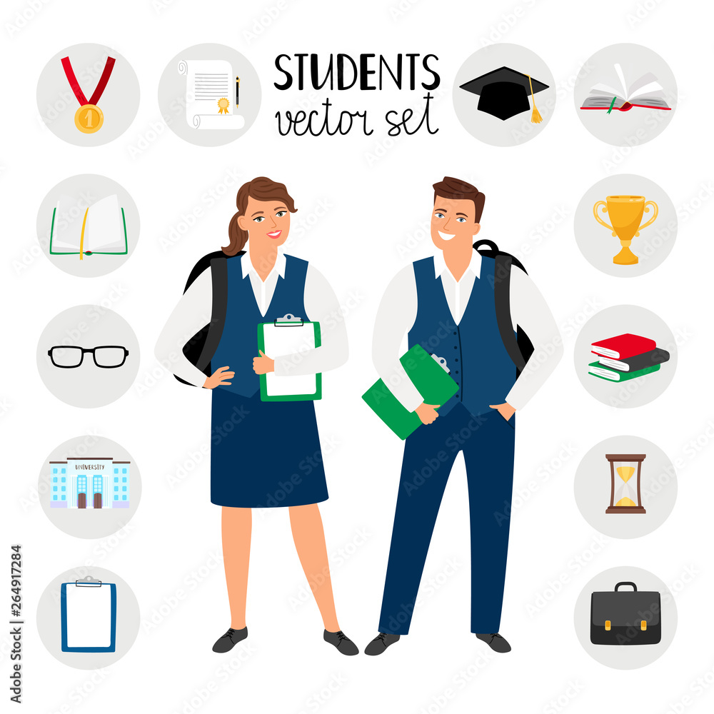 Teenagers college students. Young student people vector illustration, smiling teenage boy and girl with icons, school clothes and backpacks Teenagers college students. Young student people vector illustration, smiling teenage boy and girl with icons, school clothes and backpacks