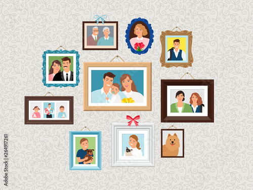 Family frames set. People portrait pictures, faces photoportraits on wall with kids and dog, wife and grandparents vector illustration
