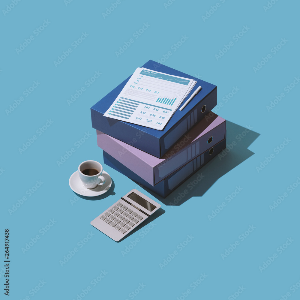 Illustration of documents and binders against blue background Illustration of documents and binders against blue background