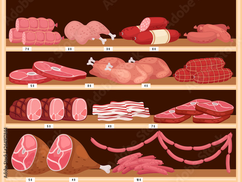 Meat on shelves. Fresh sausages, pork ham and assorted raw beef meat in butchers shop vector illustration