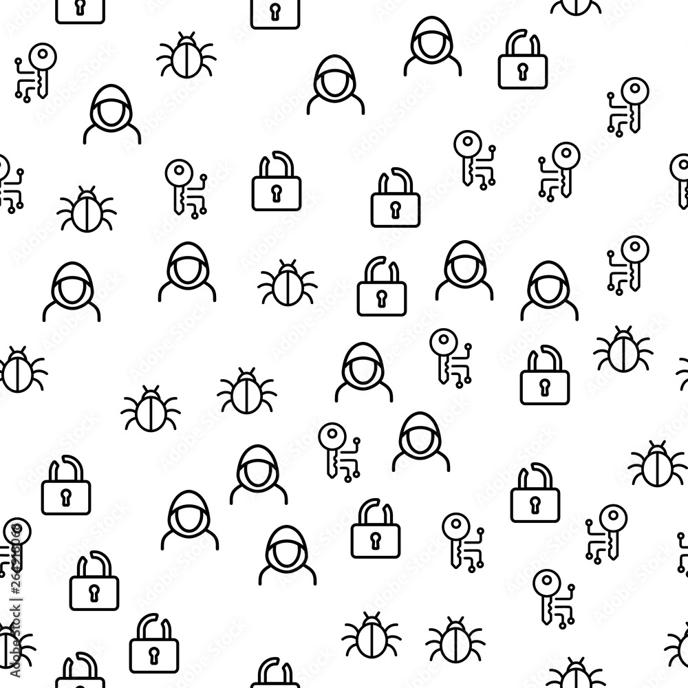 Cyber Hacker Activity Seamless Pattern Vector. Hacker, Bug, Open Lock ...