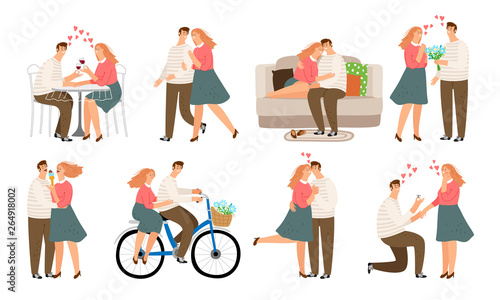 Couple situations. Young people, woman and man in love kiss walk quarrel and couch sofa. Vector illustration set