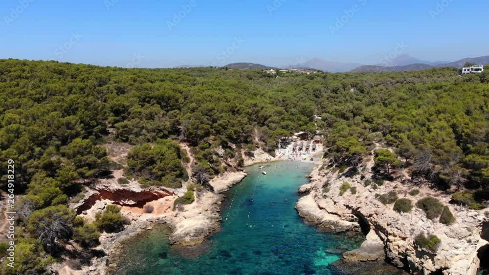 Aerial view, secluded cove Cala Falco or Cap de Falco and Cala Bella Donna with rugged cliffs, Sol de Mallorca, Cala Vinyes and Calvia, Mallorca, Balearic Islands, Spain