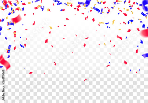 Confetti and red and blue ribbons and celebration background template, Happy birthday vector