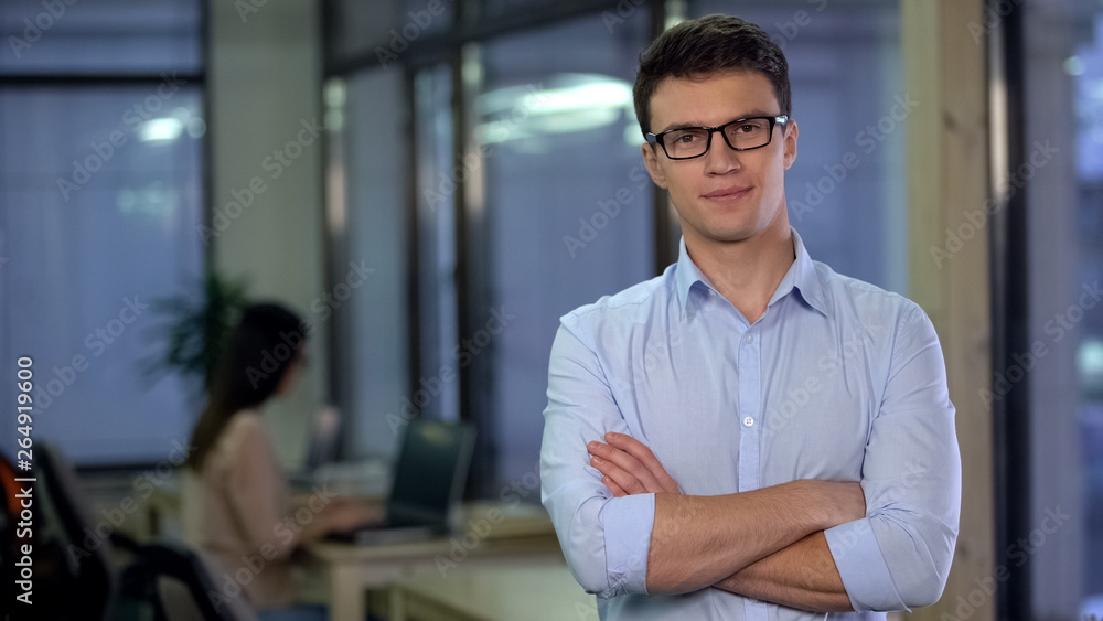 Confident young man posing on camera, applicant for vacancy, freelance job Confident young man posing on camera, applicant for vacancy, freelance job