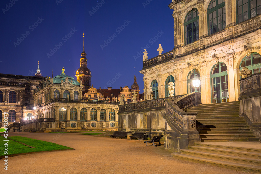 Beautiful architecture of the old town in Dresden at night, Saxony. Germany