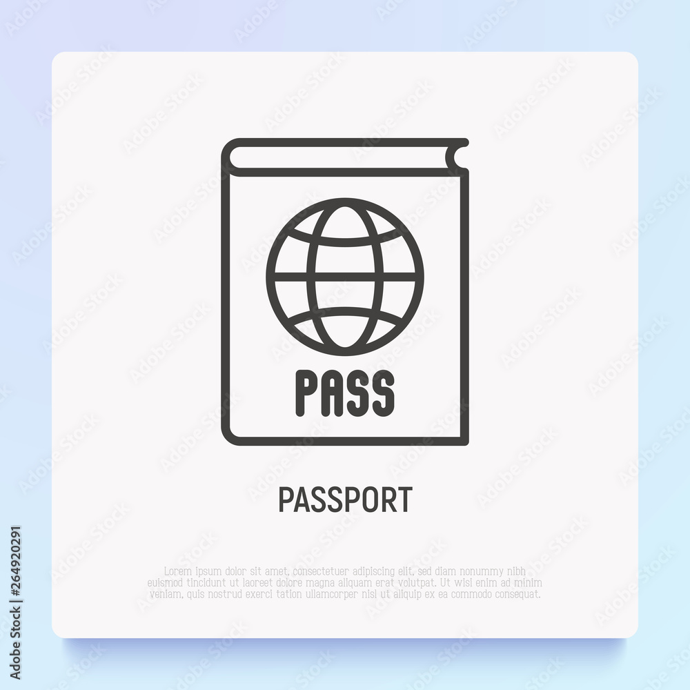 Passport with globe thin line icon. Modern vector illustration of identification document. Passport with globe thin line icon. Modern vector illustration of identification document.
