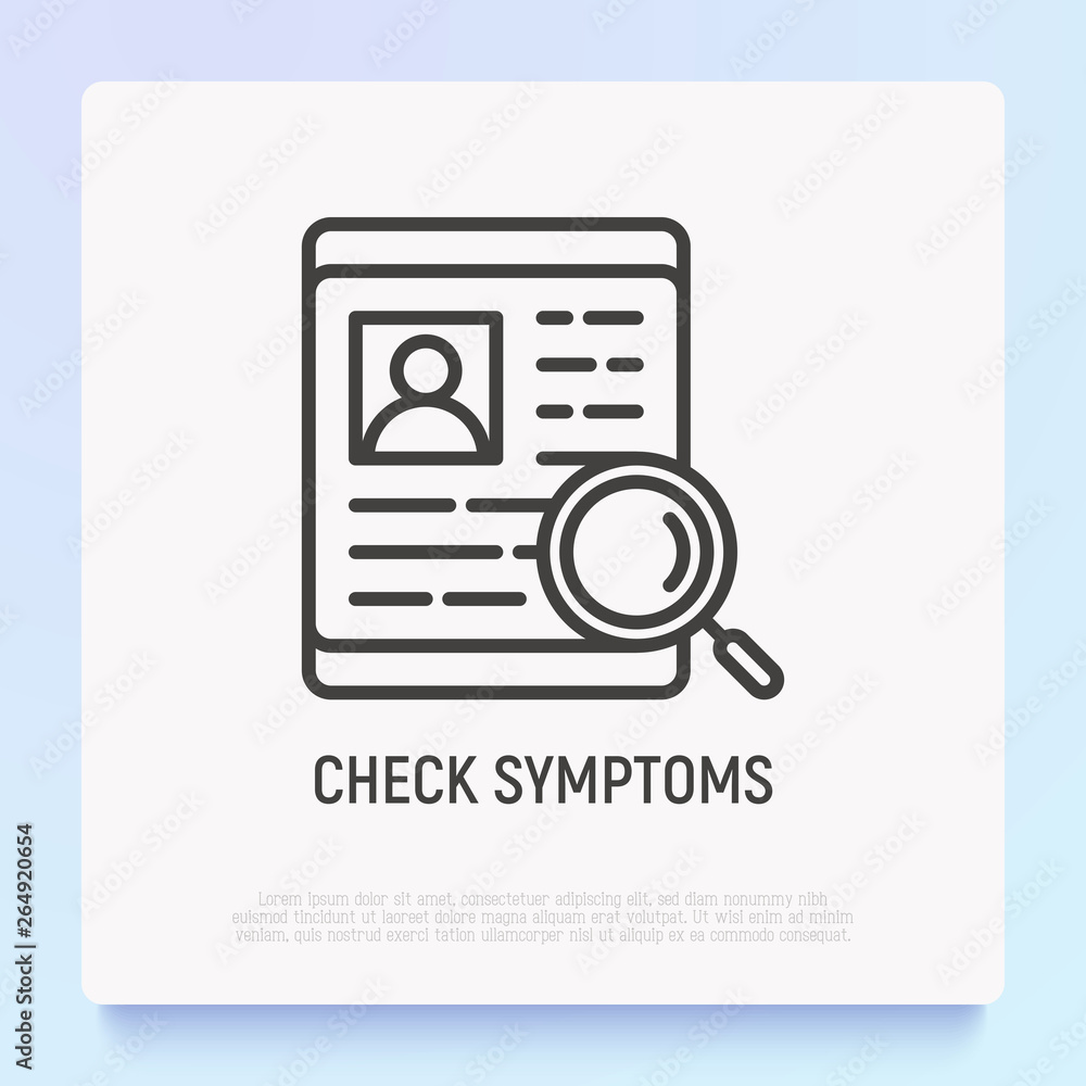 Check symptoms thin line icons: magnifier on human disease. Modern vector illustration.