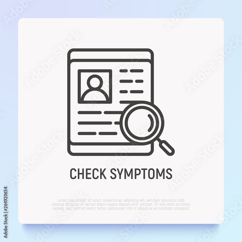 Check symptoms thin line icons: magnifier on human disease. Modern vector illustration.