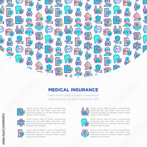 Medical insurance concept with thin line icons: policy, life insurance, psychological support, maternity program, 24/7 support, mobile app, telemedicine. Vector illustration, template for print media