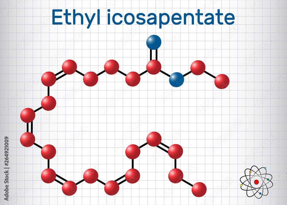 Ethyl eicosapentaenoic acid (icosapent ethyl) molecule. Structural