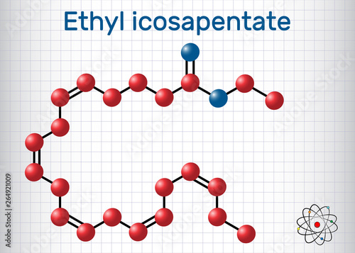 Ethyl eicosapentaenoic acid (icosapent ethyl) molecule. Structural chemical formula and molecule model