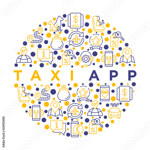 Taxi app concept in circle with thin line icons: payment method, promocode, app settings, info, support service, pointer, airport transfer, baby seat. Vector illustration for print media.