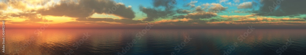 beautiful panorama of the sea sunset, the sun among the clouds above the ocean surface,