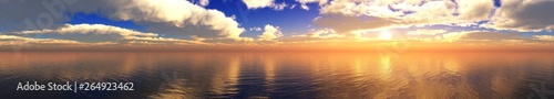 beautiful panorama of the sea sunset  the sun among the clouds above the ocean surface 