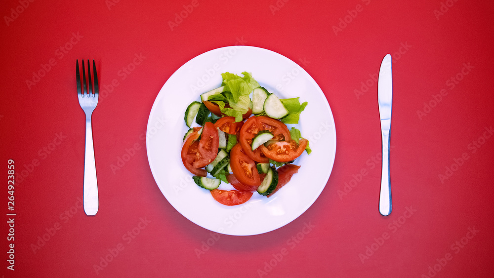 White plate with salad and cutlery red background, table setting restaurant White plate with salad and cutlery red background, table setting restaurant