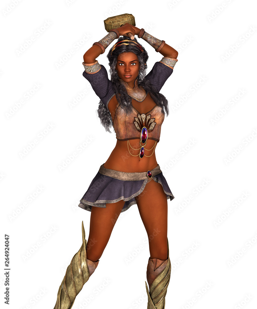 Black woman warrior with hammer in hands. Isolated on white. 3D rendering. Black woman warrior with hammer in hands. Isolated on white. 3D rendering.