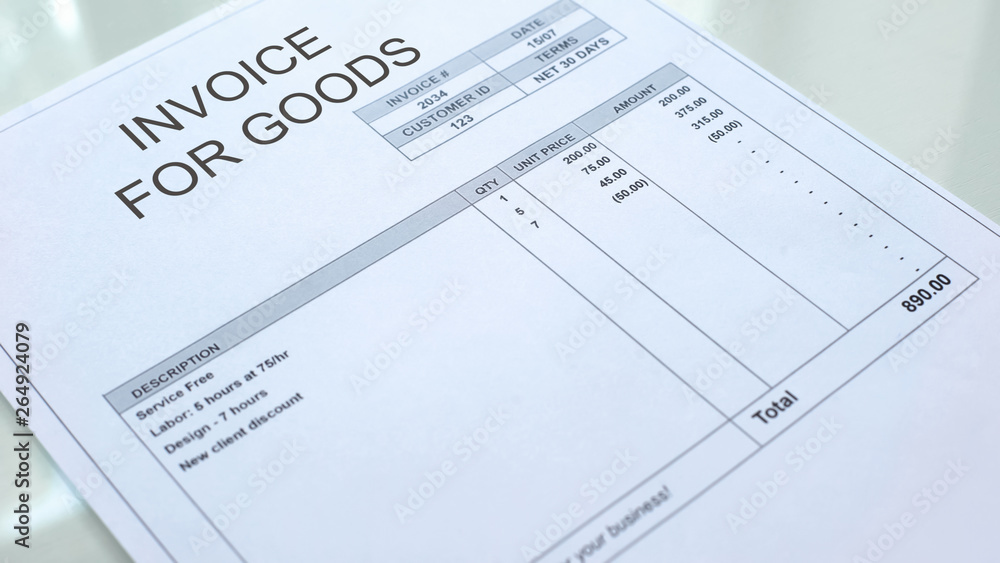 Invoice for goods commercial document on table, business accounting, template Invoice for goods commercial document on table, business accounting, template