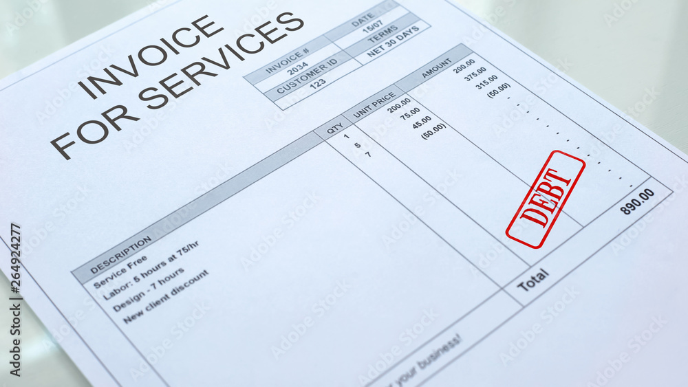 Debt seal stamped on invoice for services commercial document, financial form Debt seal stamped on invoice for services commercial document, financial form