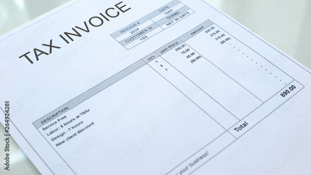 Tax invoice commercial document lying on table, business accounting, template Tax invoice commercial document lying on table, business accounting, template