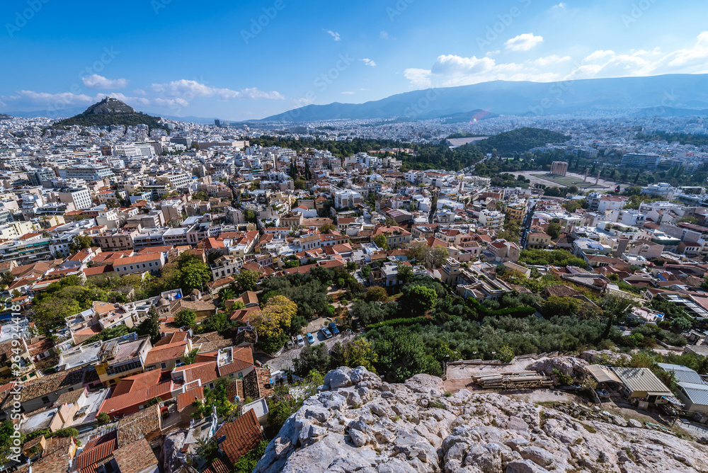 Aerial view with Mount Lycabettus from Acropolis hill in Athnes, Greece