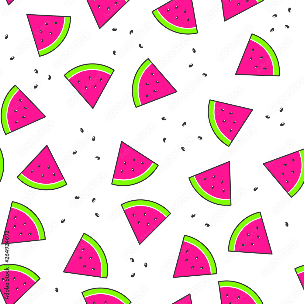 sweet sliced watermelon with seeds seamless pattern. ufo green and plastic pink colors. summer fresh juicy bright watermelon pattern for wrapping paper, printing, packaging, background sweet sliced watermelon with seeds seamless pattern. ufo green and plastic pink colors. summer fresh juicy bright watermelon pattern for wrapping paper, printing, packaging, background
