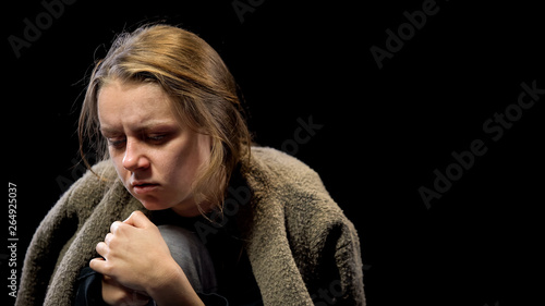 Depressed woman suffering drug withdrawal symptoms, miserable life, addiction