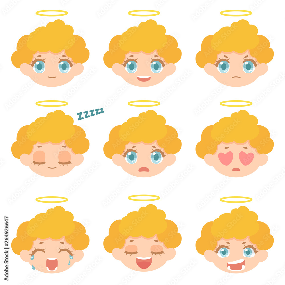 A collection of different emotions of the character. Set of angel avatars isolated on white background. Vector illustration in cartoon style. A collection of different emotions of the character. Set of angel avatars isolated on white background. Vector illustration in cartoon style.